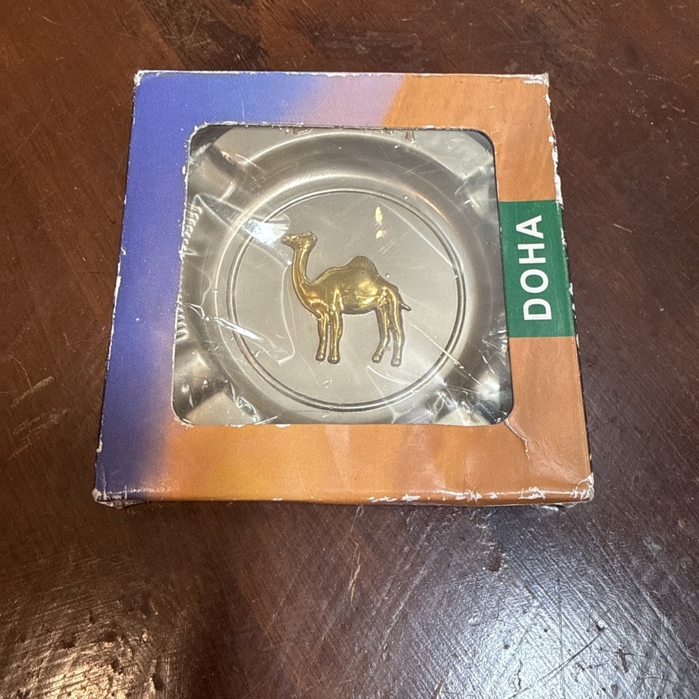 Vintage Doha Qatar Souvenir Ashtray Metal Gold Camel Desert Dune Boxed Travel
